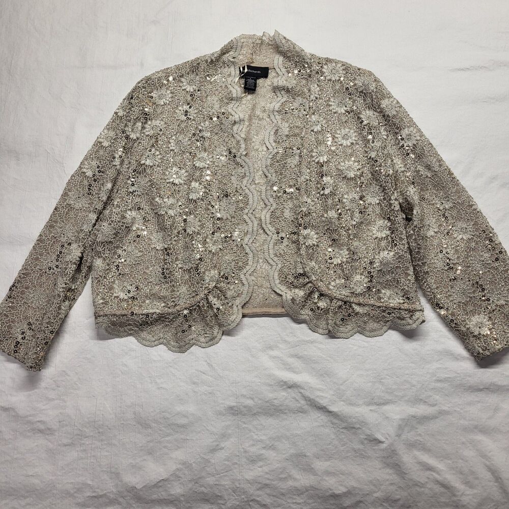 R&M Richards Bolero Jacket Womens Lg Champai Sequin Lace Scalloped Cropped Shrug
